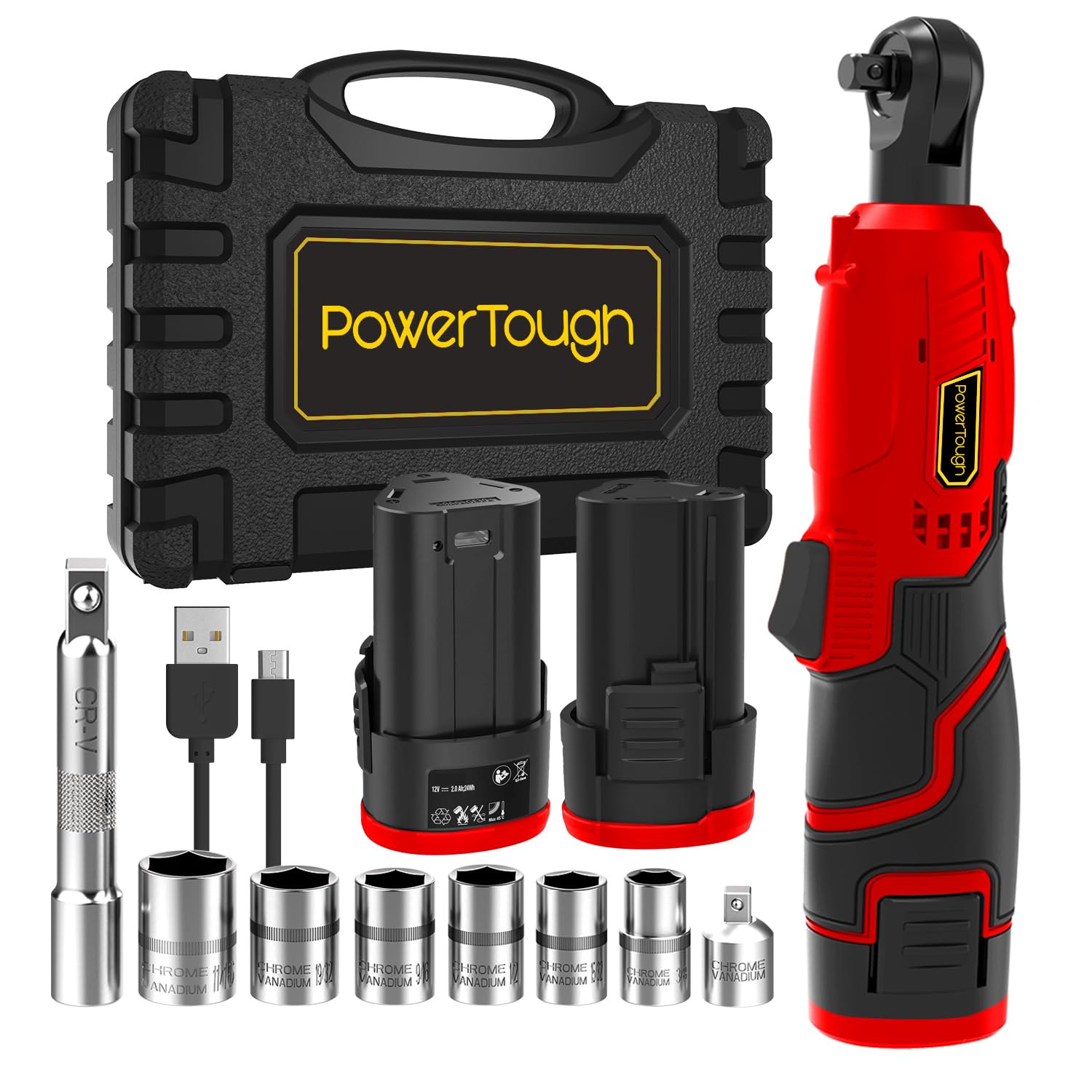 PowerTough Cordless Electric Ratchet Wrench Set, 40Ft-lbs,280RPM, 54Nm, 3/8" 12V Power Ratchet Wrench with 2x Li-on Batteries and Fast Charger -Red