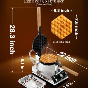 PYY Bubble Waffle Maker - Commercial Egg Puff Waffle Iron Machine, 1500W 122-482℉ Electric Stainless Steel Hong Kong, 30 Egg Cones | 180° Rotating| Black Non-stick Coating | Crumb Tray | Wooden Handle