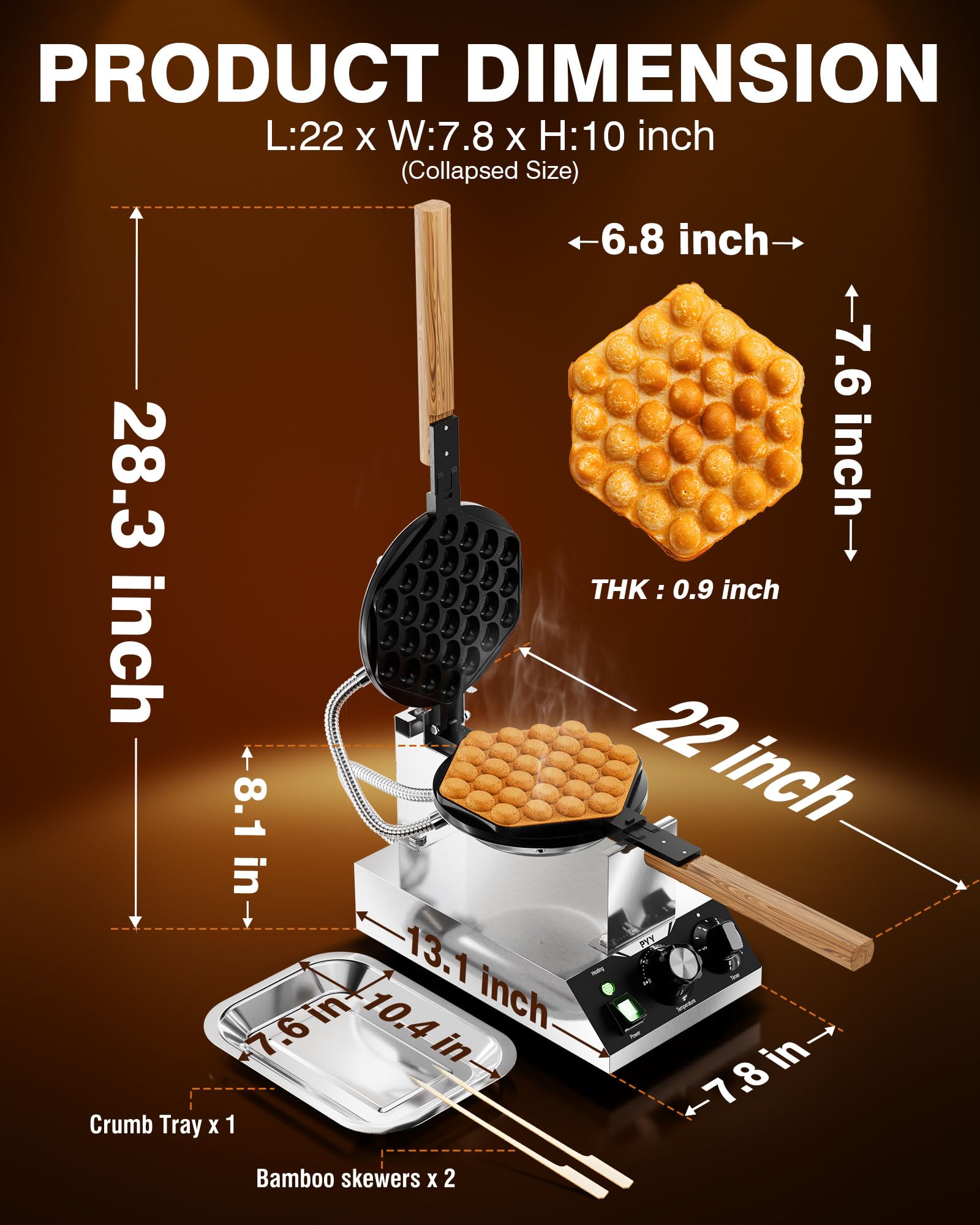 PYY Bubble Waffle Maker - Commercial Egg Puff Waffle Iron Machine, 1500W 122-482℉ Electric Stainless Steel Hong Kong, 30 Egg Cones | 180° Rotating| Black Non-stick Coating | Crumb Tray | Wooden Handle