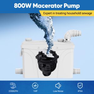 800W Macerator Pump, Macerating Pump for Basement with 4 Water Inlets for Macerator Toilet System