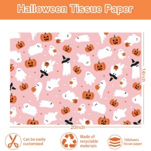 JarThenaAMCS 100 Sheet Halloween Tissue Paper Little Boo Gift Wrapping Paper Pink Pumpkin Ghost Decorative Art Paper for DIY Crafts Birthday Party Supplies, 14 x 20 Inch