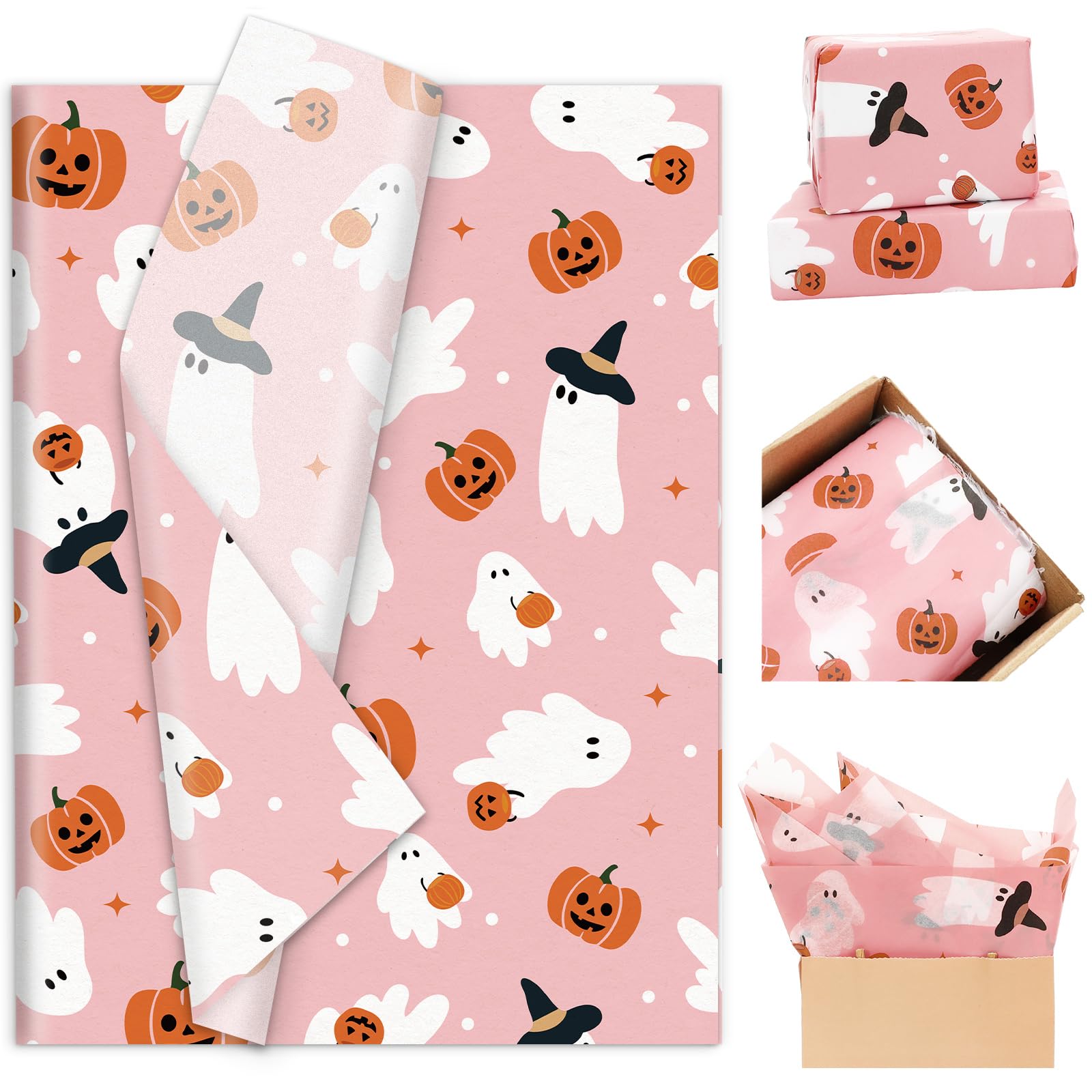 JarThenaAMCS 100 Sheet Halloween Tissue Paper Little Boo Gift Wrapping Paper Pink Pumpkin Ghost Decorative Art Paper for DIY Crafts Birthday Party Supplies, 14 x 20 Inch