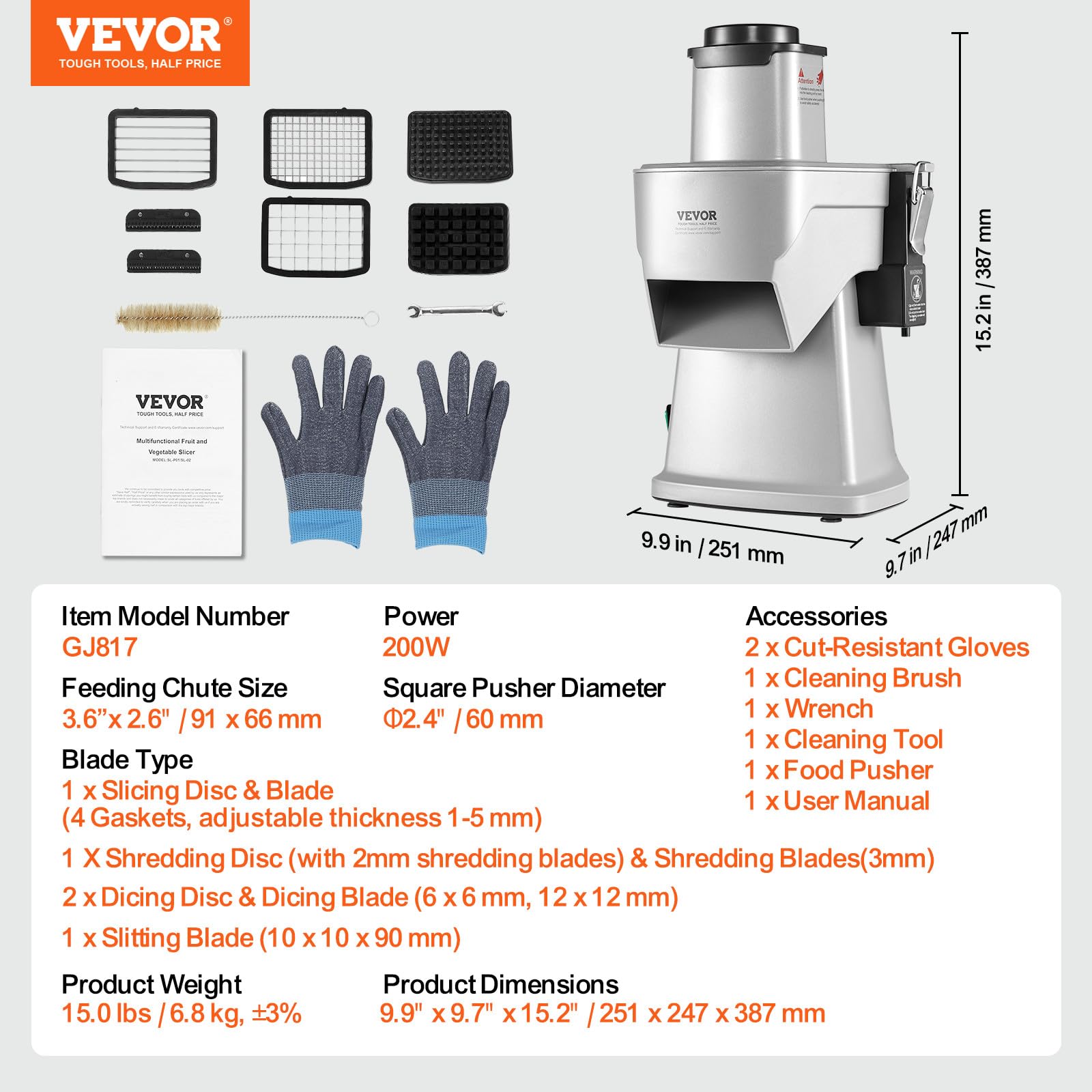 VEVOR Electric Vegetable Slicer, 4 in 1 Multifunctional Food Cutter, 200W Vegetable Chopper for Slicing Shredding Dicing and Slitting, with Cut-Resistant Gloves, for Commercial and Home Use