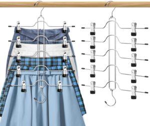 skirt hangers with clips, jadkysarh 5 tier pants skirt hangers space saving multi shorts hangers with adjustable clips closet organizer and storage for jeans, leggings - 2 pack