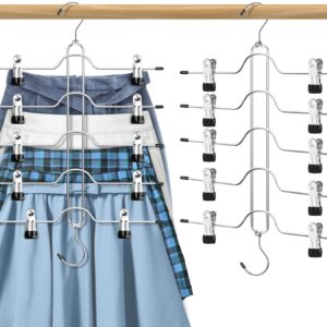 Skirt Hangers with Clips, Jadkysarh 5 Tier Pants Skirt Hangers Space Saving Multi Shorts Hangers with Adjustable Clips Closet Organizer and Storage for Jeans, Leggings - 2 Pack