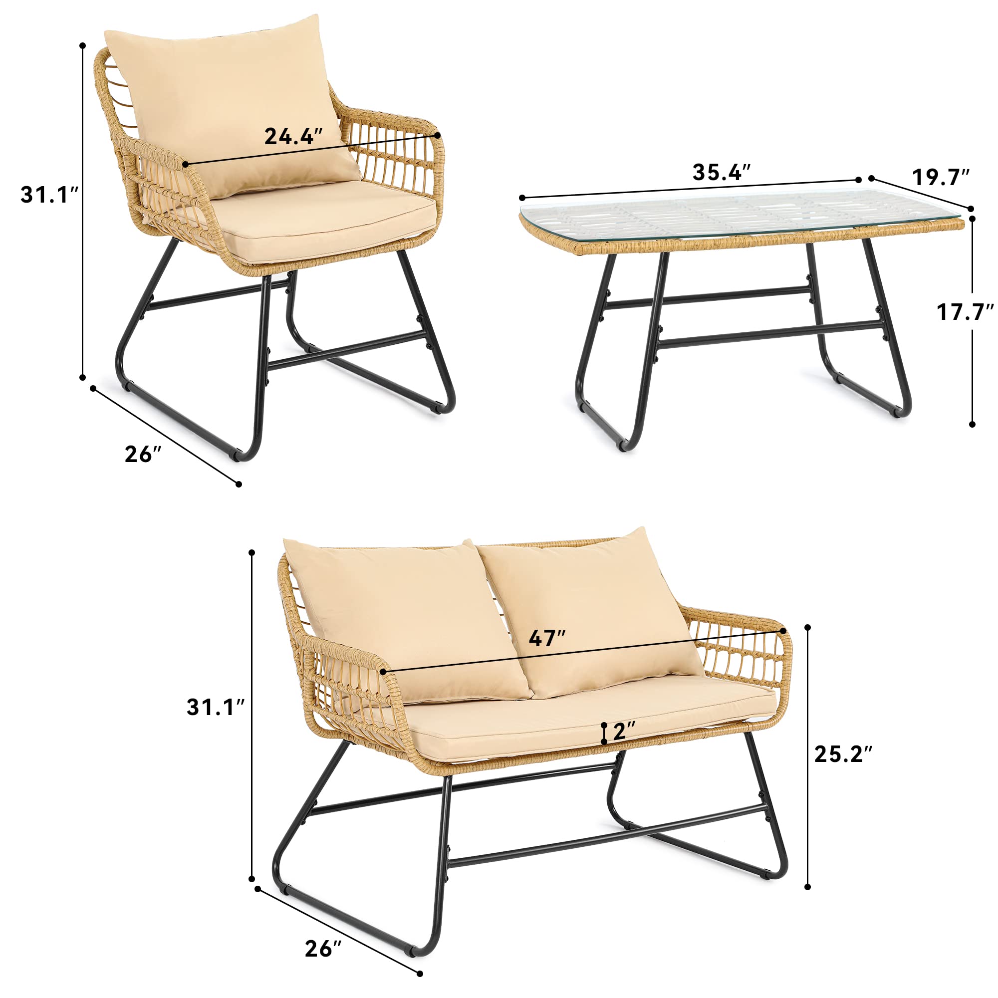 YITAHOME Patio Furniture Wicker Outdoor Bistro Set, 4-Piece All Weather Patio Furniture Rattan Conversation Loveseat Sets for Backyard, Balcony and Deck, Light Brown+Beige