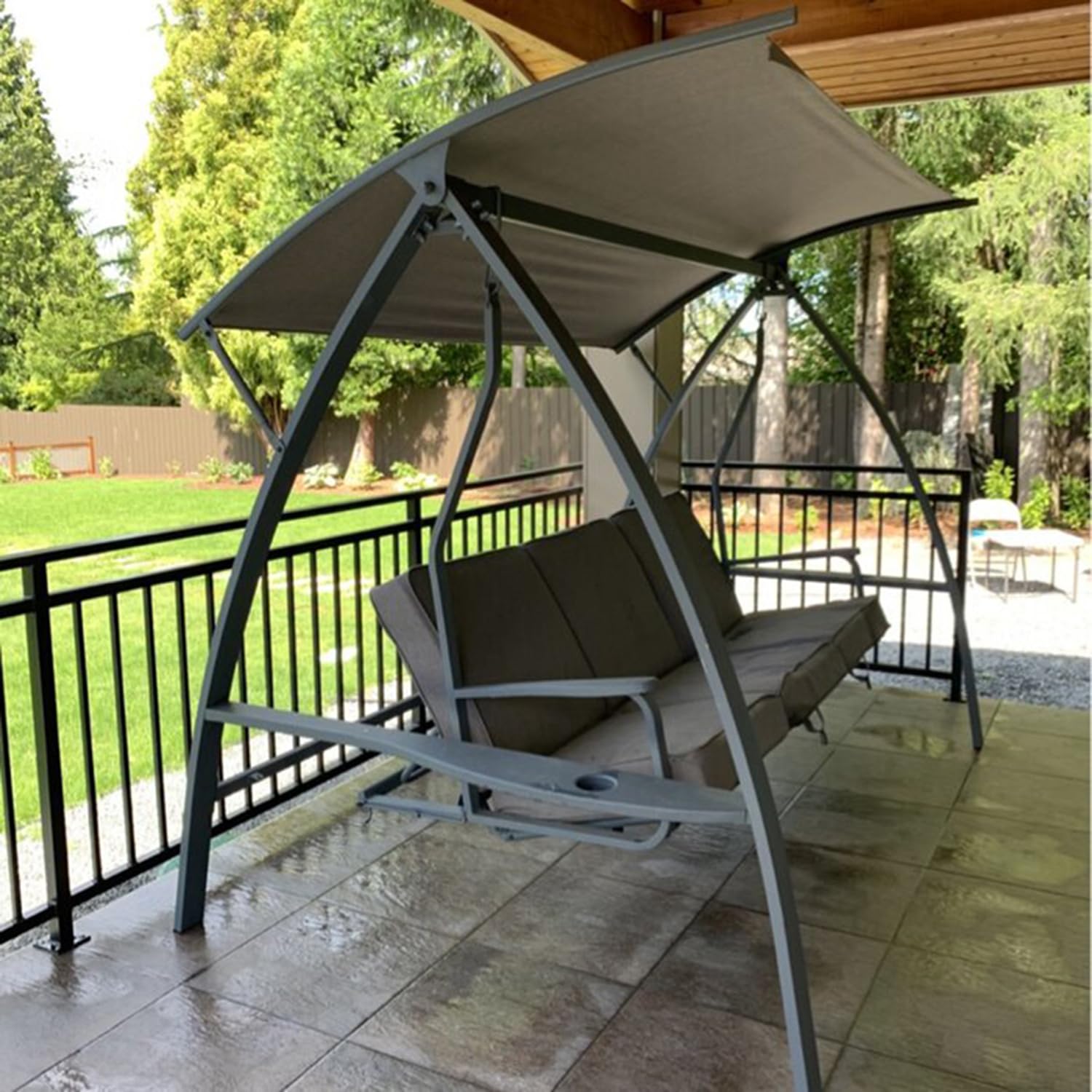 3-Seat Daybed Porch Swing with Cushions, 3 Person Patio Swinging Bench Chair, Outdoor Porch Swing with Adjustable Canopy & Weather Resistant Steel Frame(Minor Scratches)