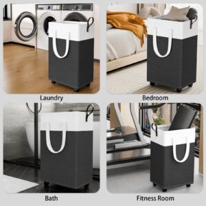 HomeHacks Laundry Basket with Wheels, Rolling Laundry Hamper, Collapsible & Waterproof Clothes Hamper, Narrow Corner Clothes Bins with Extended Handles for Clothes in the Family & Dorm (75L, Grey)