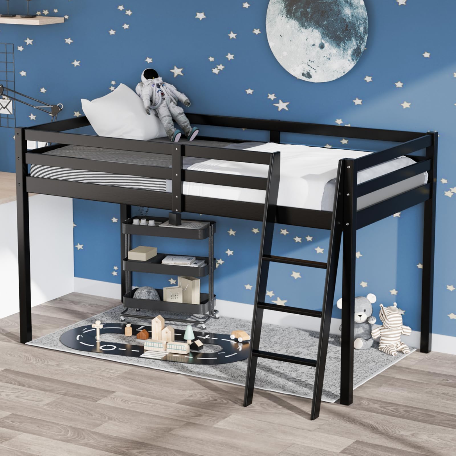 Bonnlo Low Loft Bed Twin Size with Inclined Stairs, Junior Loft Bed with High Guard Rail for Kids/Young Teens/Adults, Solid Wood Low Bunk Bed Twin Size Black, No Box Spring Required