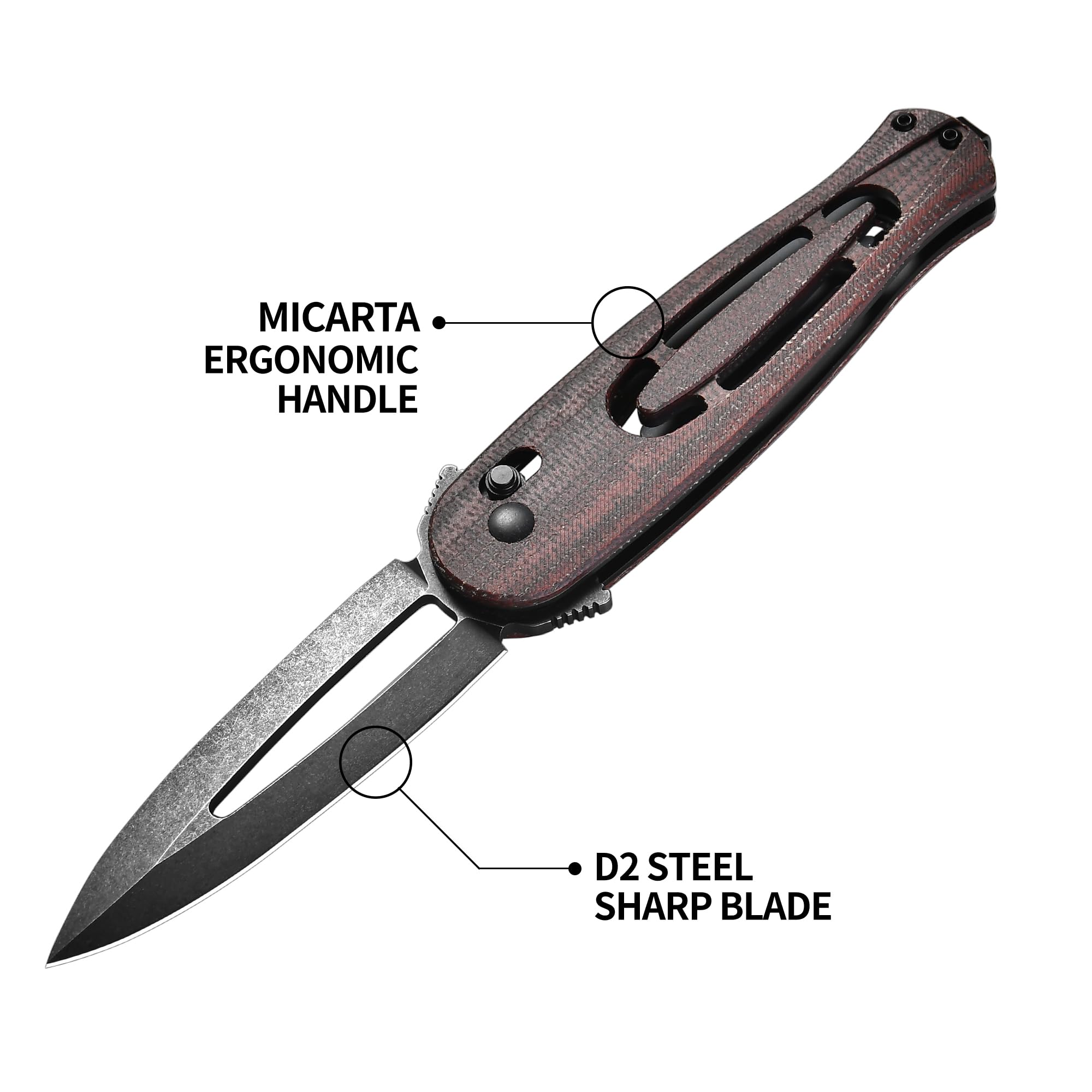 Cohesion Pocket Knives & Folding Knives - D2 Steel Blade Micarta Handle Reversible Pocket Clip, EDC Knife for Camping