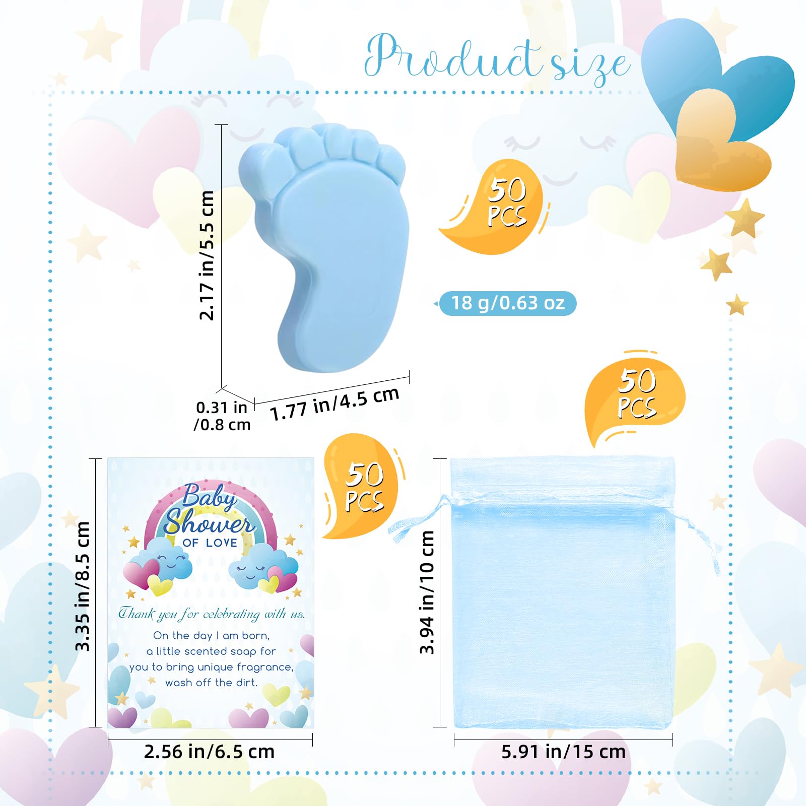 SytuHete 50 Sets Baby Shower Favors Refreshing Foot Soap Perfect Baby Shower Favors for Guests, Gifts, and Prizes with Organza Bags Thanks Cards (Blue)