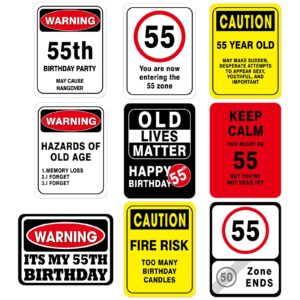 wernnsai 55th birthday party decorations - 9pcs wall signs funny tags for adults 55 years old party decor 55 zone table centerpieces yellow caution logos on door yard garden banner tea party supplies