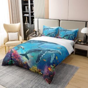 Erosebridal Blue Whale 100% Organic Cotton Duvet Cover for Kids Boys Girls,Tropical Turtle Fish Comforter Cover,Underwater Coral Bedding Set,Ocean Wildlife Bedspread Cover 3pcs Full