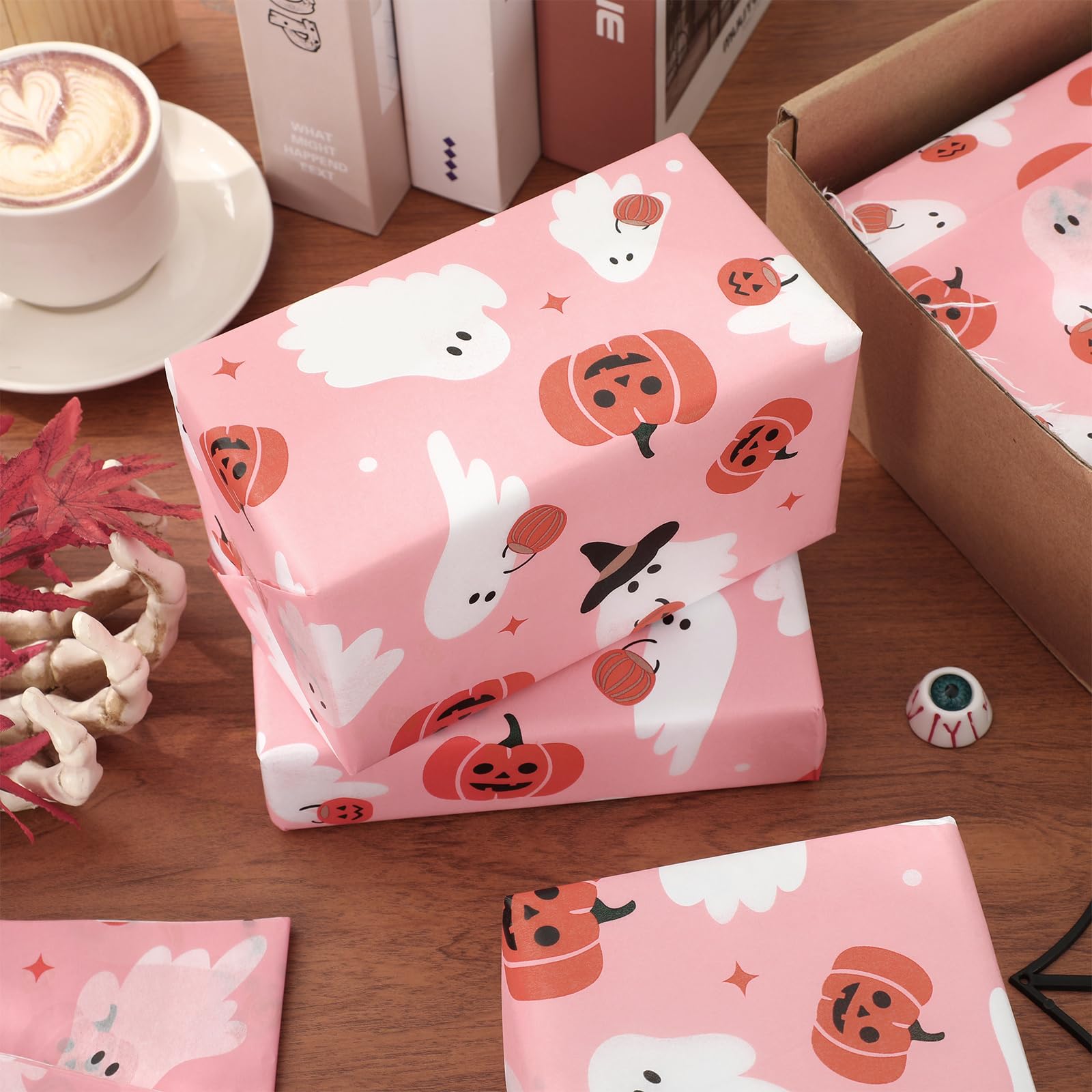 JarThenaAMCS 100 Sheet Halloween Tissue Paper Little Boo Gift Wrapping Paper Pink Pumpkin Ghost Decorative Art Paper for DIY Crafts Birthday Party Supplies, 14 x 20 Inch