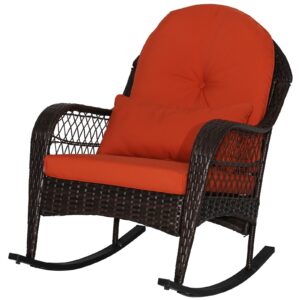 medimall outdoor wicker rocking chair, patio rattan rocker w/lumbar pillow, padded seat & back cushions, metal frame, mix brown wicker furniture for balcony, porch, deck, backyard (red)