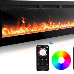 Silonn 60″ Electric Fireplace Heater with App & Remote Control, 5300 BTU Heat Output, Ultra-Slim Wall-Mounted or Recessed Electric Fireplace Inserts with Timer, 20 Flame Colors, SLELF02B-60