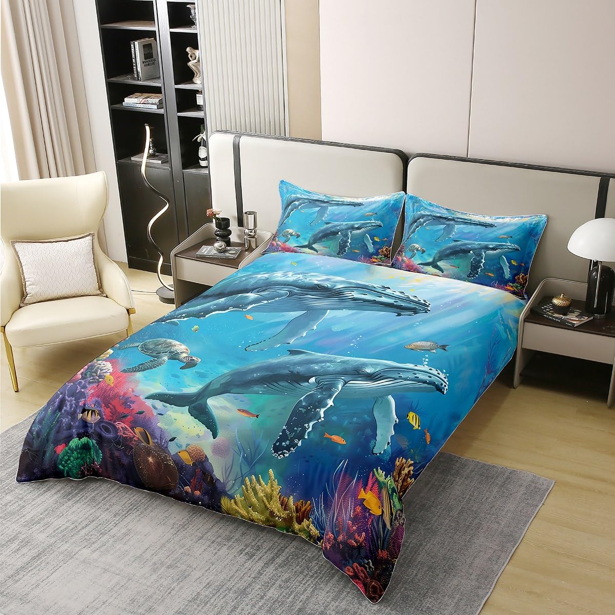 Erosebridal Blue Whale 100% Organic Cotton Duvet Cover for Kids Boys Girls,Tropical Turtle Fish Comforter Cover,Underwater Coral Bedding Set,Ocean Wildlife Bedspread Cover 3pcs Full