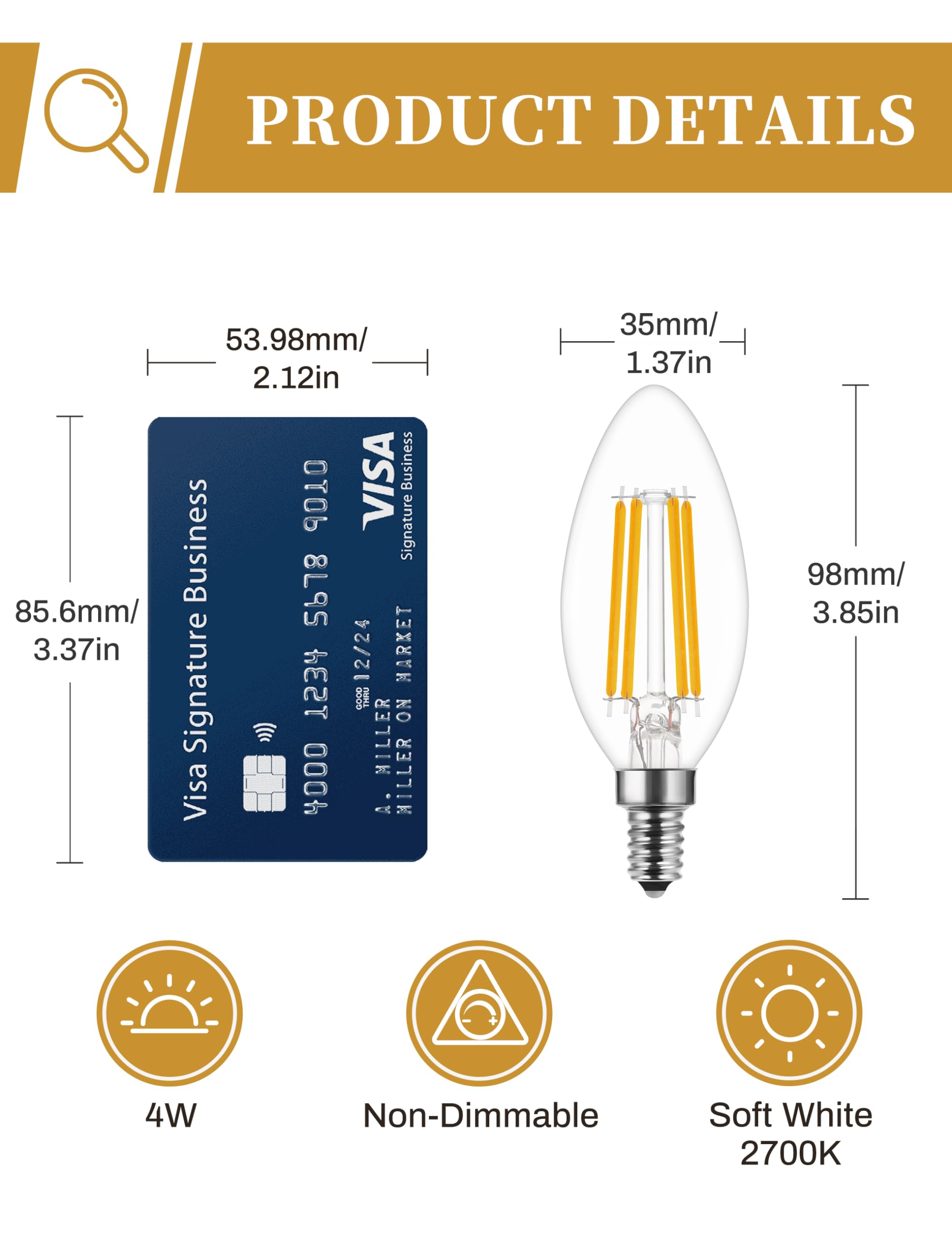 DORESshop Led Light Bulb, 40W Equivalent E12 Light Bulbs Led Light Bulb, Edison Bulbs, Chandelier Light Bulbs, Non-dimmable C35 Edison Filament Candle Bulbs, Soft White Light Bulbs 2700K,Decorative