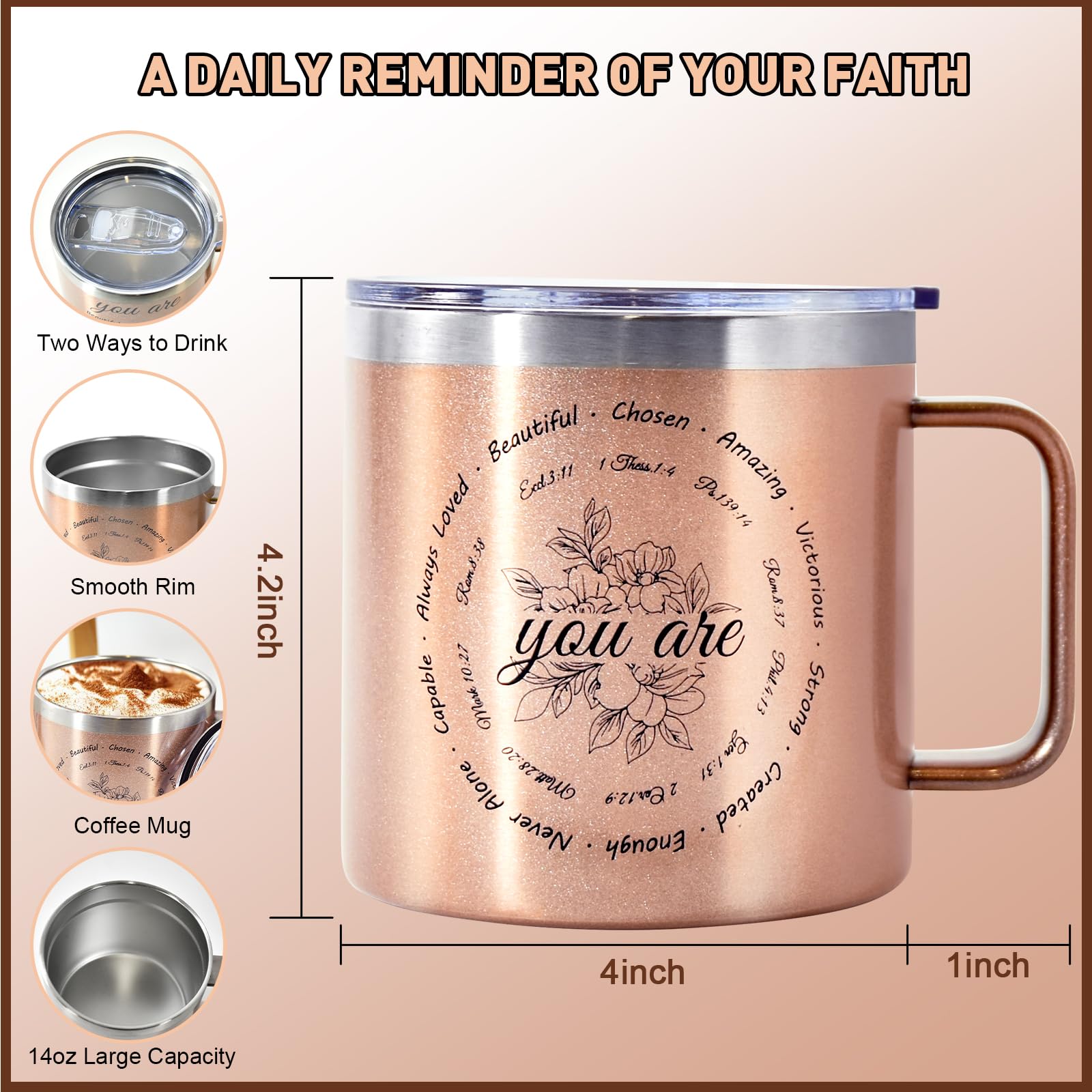 Christian Gifts for Women, 14 oz Coffee Mug Inspirational Gifts Bible Verse Mug Insulated Stainless Steel Vacuum Tumbler Appreciate Spiritual Presents for Female Lady Baptism Sister, Flower Prints