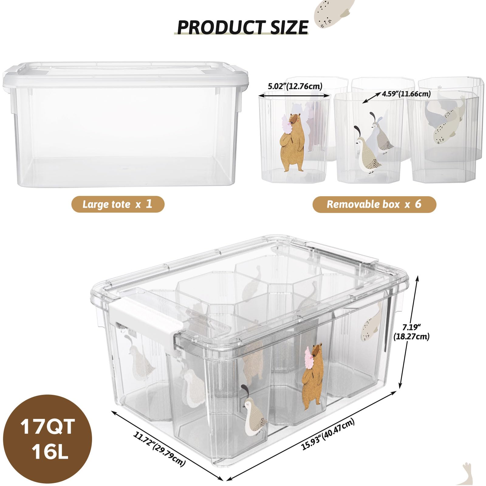 loobuu Plastic Storage Bins with Lids - 1 Pack Art Craft Supply Organizer Box with Brush Pot for Kids, 17 QT Stackable Clear Pen Container for Toy/Sewing/Comestic/Tool/Playdoh(15.93" x11.72"x7.19")