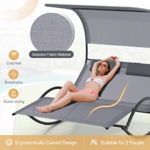 HAPPYGRILL Outdoor Chaise Lounge Rocker, 2-Person Rocking Daybed Sun Lounger with Sun Shade Canopy & Headrest Pillows, Hammock Bed Loveseat with Heavy-Duty Metal Frame for Patio, Backyard, Poolside