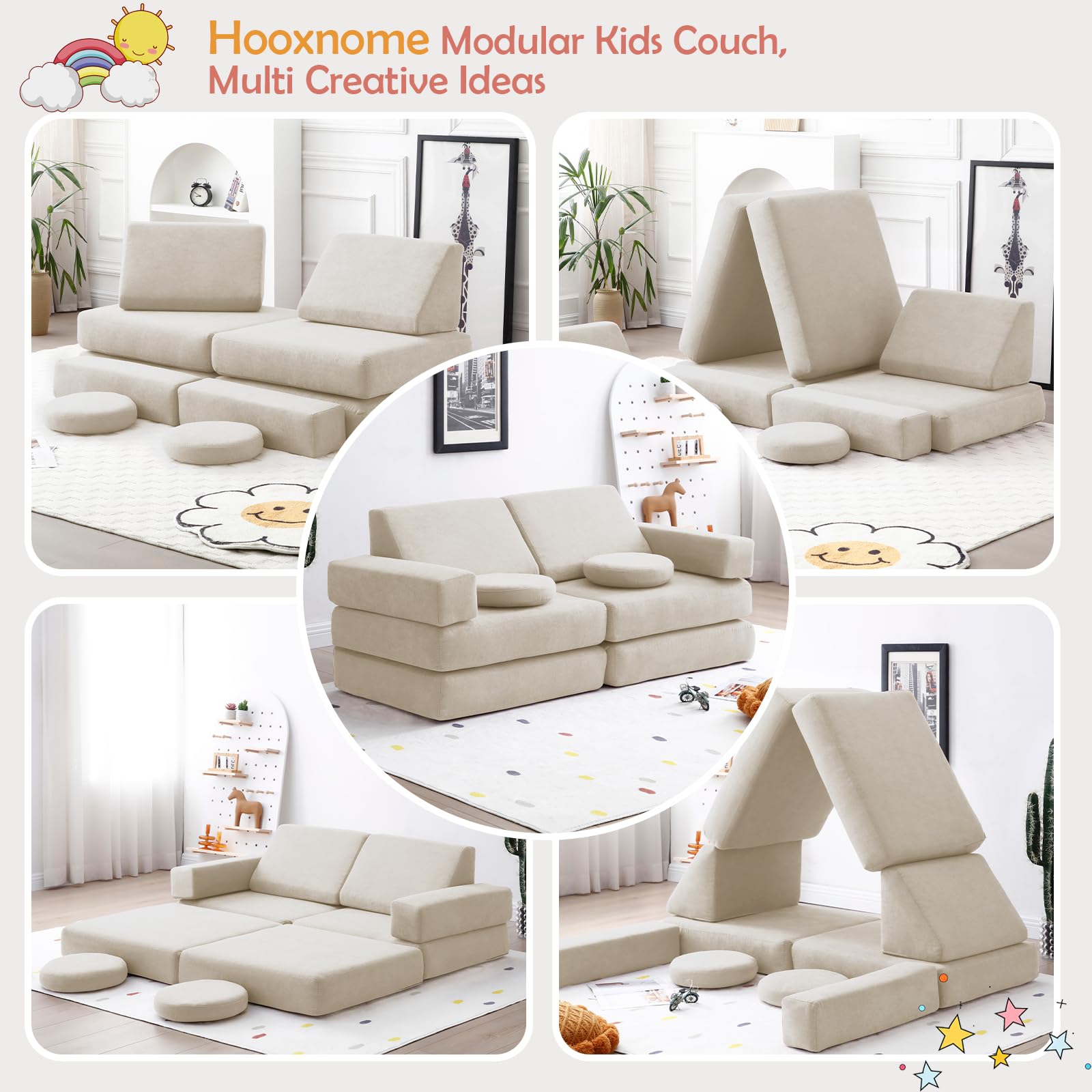 hooxnome Kids Couchs Modular Folding Floor Sofa for Kids 8pcs, Toddler Playroom Convertible Couch Play Sofa for Boys & Girls, Kids Imaginative Creative Climbing Play Couch (Beige)