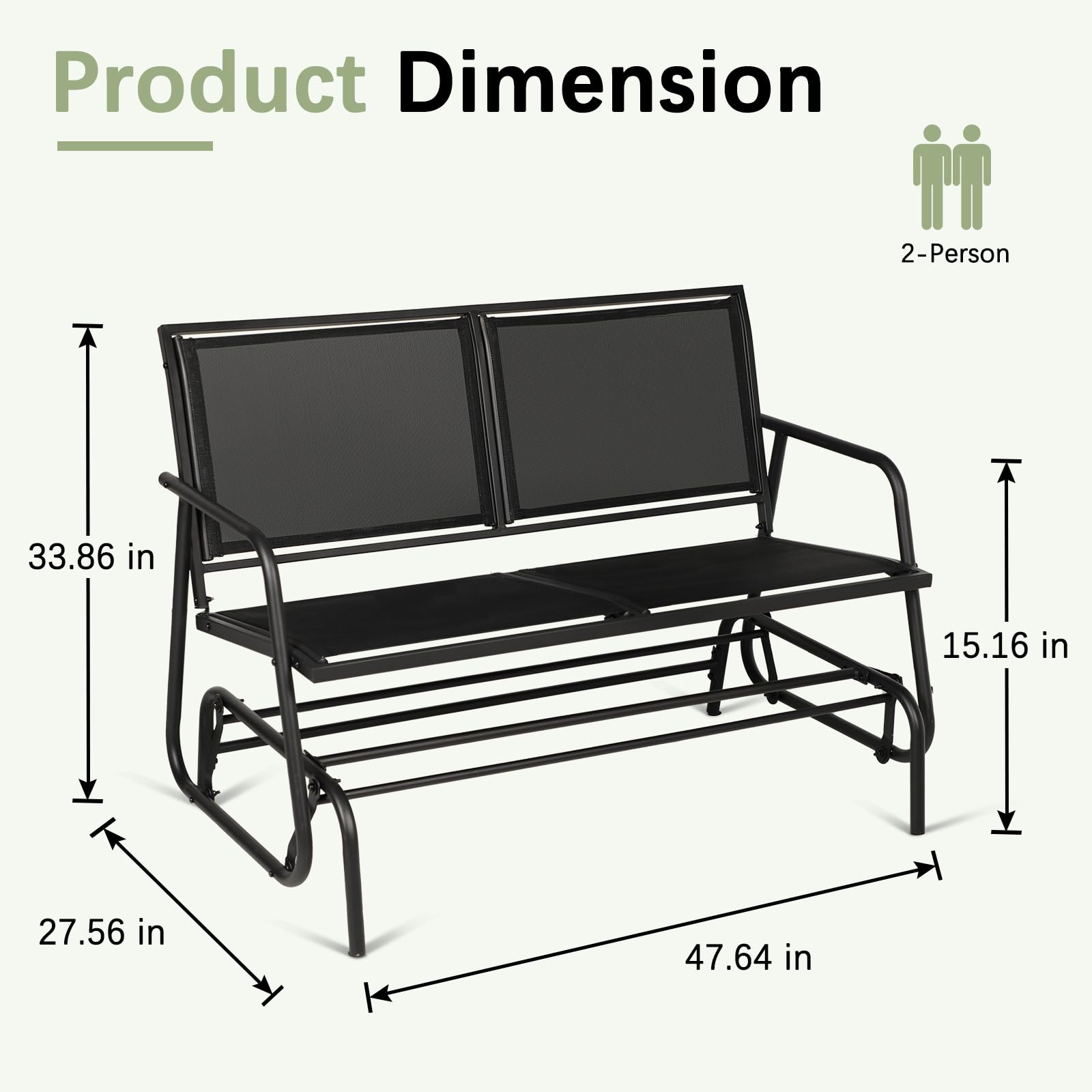 Incbruce Patio Rocking Chair with Textilene Fabric Outdoor Glider Bench for 2 Person, Seating Loveseat Steel Frame for Porch, Patio, Garden (Black)