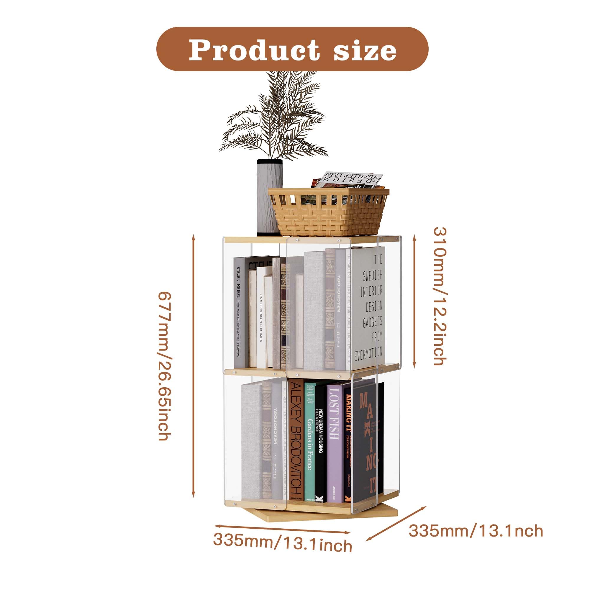 tonchean Rotating Bookshelf, 2-Tier Acrylic Bookcase Clear Floor Standing Display Case Bamboo Book Display Shelf for Classroom Playroom Bedroom Living Room