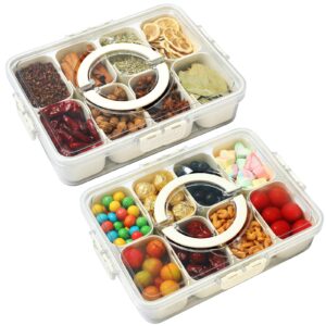 divided serving tray with lid and handle, 2pcs snack containers travel snackle box clear organizer food storage fresh-keeping box for candy fruits nuts snacks, bpa free