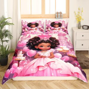 Manfei American Style Girl Duvet Cover Set,Fairy Tale Black Princess Crown Glitter Comforter Cover(No Filler) for Kids Teens,Dreamy Pink Castle Birthday Cake Quilt Cover with 2 Pillows,Full Size