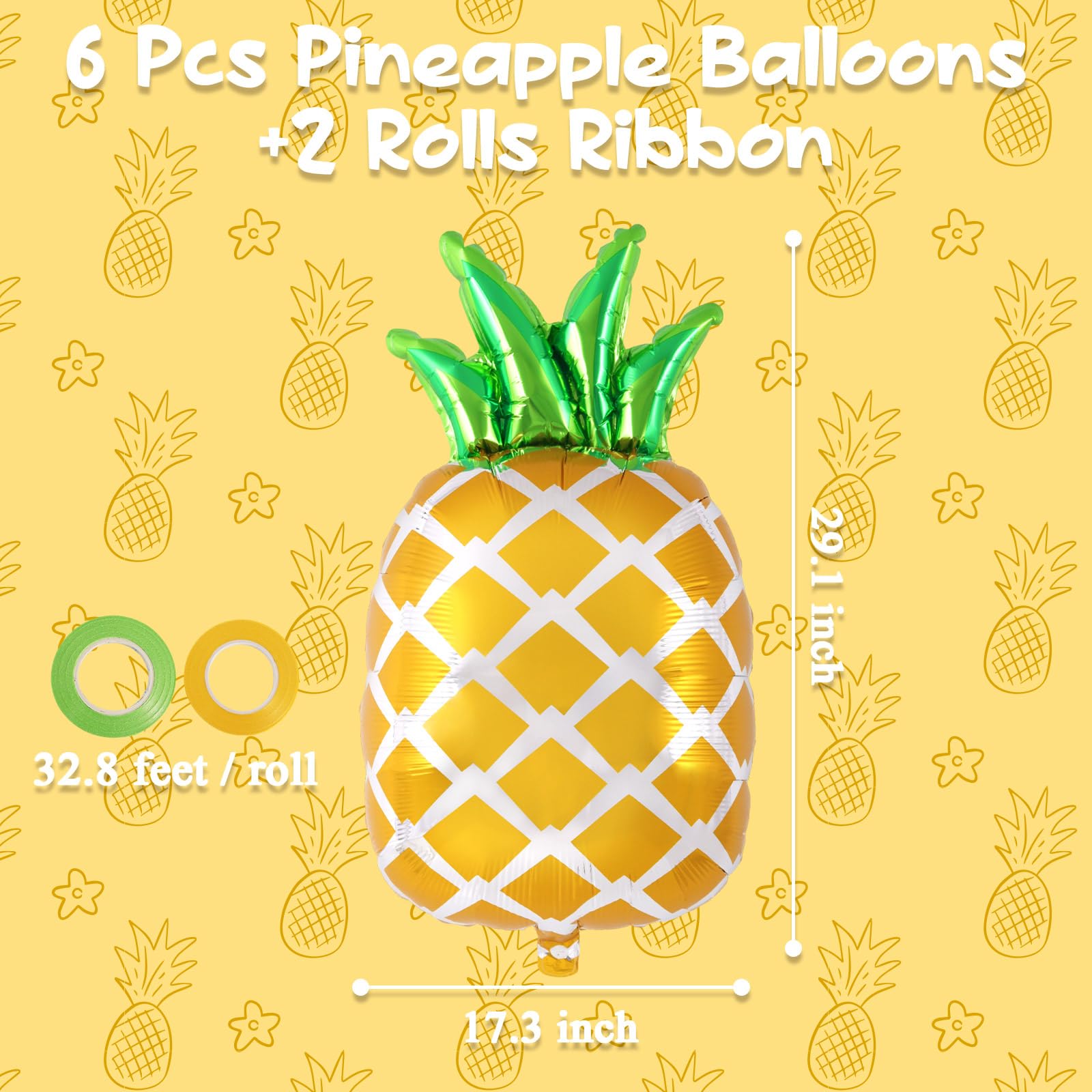 Pineapple Balloons, 6 Pcs Cute Pineapple Foil Balloons, Large Fruit Mylar Balloons for Pineapple Summer Themed Party Decoration Birthday Baby Shower