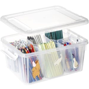 loobuu plastic storage bins with lids - 1 pack art craft supply organizer box with brush pot for kids, 17 qt stackable clear pen container for toy/sewing/comestic/tool/playdoh(15.93" x11.72"x7.19")