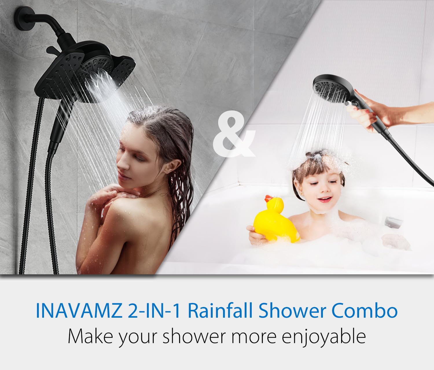 INAVAMZ Black Shower Heads with Handheld Spray Combo 2.5GPM: 10” Rainfall Shower Head & Detachable Shower Head, 10 Spray Settings Handheld Shower Head with ON/OFF Switch and 15-Stage Filter