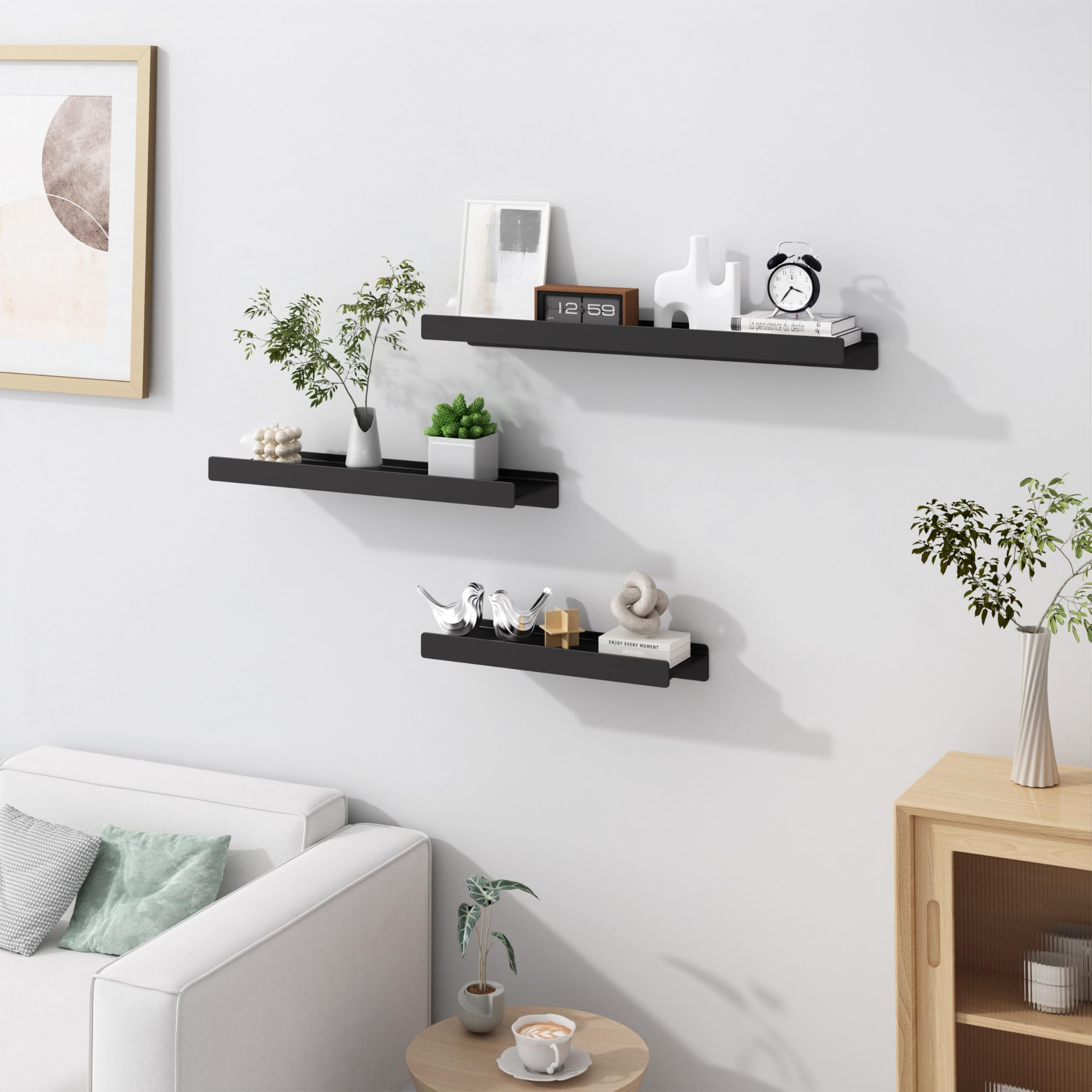 dancrul Floating Shelves for Wall, Wall Mounted Shelves with Lip for Storage, Metal Display Shelves for Home Decor, Kitchen/Living Room/Bedroom/Bathroom Shelves, Black 20 inch 2 Pack