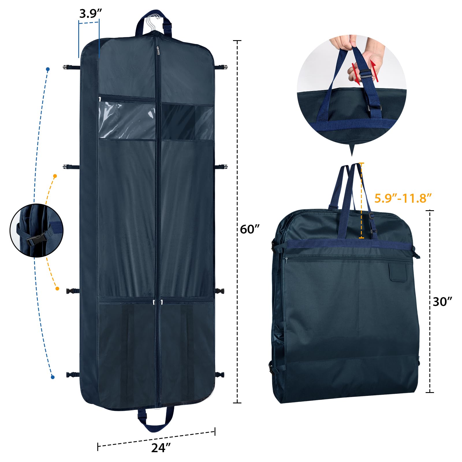 Zilink 60" Garment Bags for Travel Dress Travel Bag for Closet Storage with Adjustable Handles and Stable Buckles for Suits, Dresses, Navy Blue