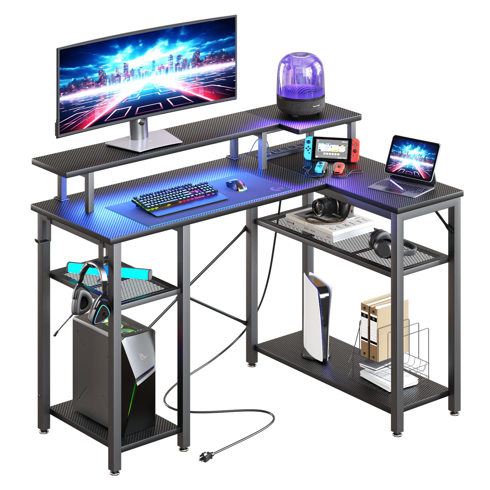 TREETALK Gaming Desk with Power Outlets & Music Strip Lights, L-Shaped Desk with 2-Layer Storage on Both Sides, Large Monitor Stand for Office Home