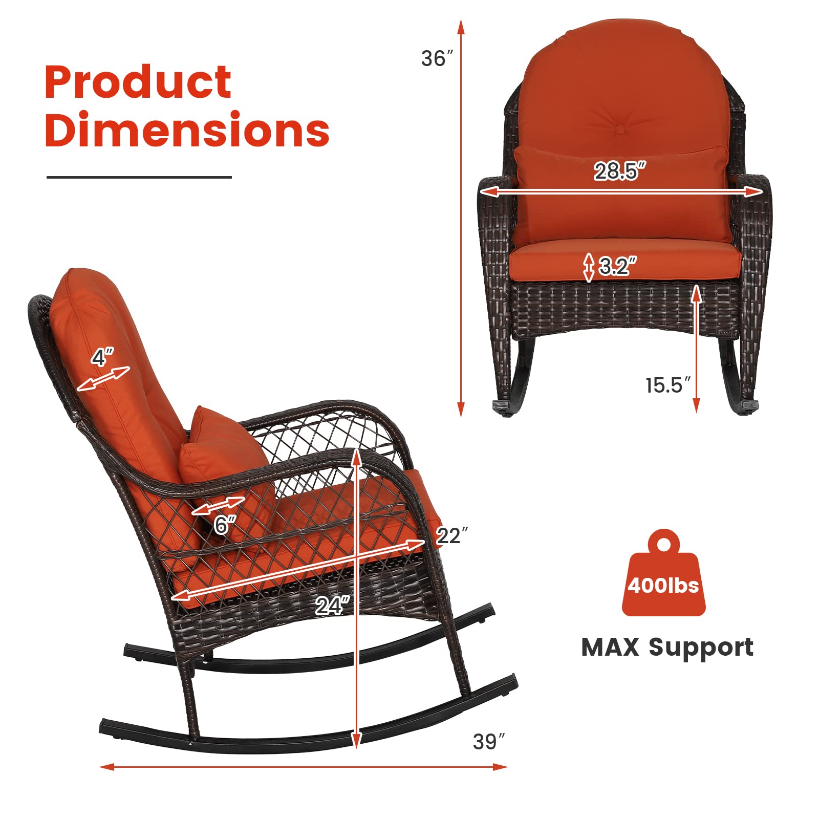 MEDIMALL Outdoor Wicker Rocking Chair, Patio Rattan Rocker w/Lumbar Pillow, Padded Seat & Back Cushions, Metal Frame, Mix Brown Wicker Furniture for Balcony, Porch, Deck, Backyard (Red)