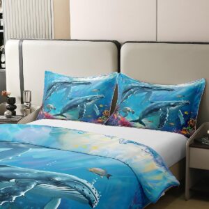 Erosebridal Blue Whale 100% Organic Cotton Duvet Cover for Kids Boys Girls,Tropical Turtle Fish Comforter Cover,Underwater Coral Bedding Set,Ocean Wildlife Bedspread Cover 3pcs Full