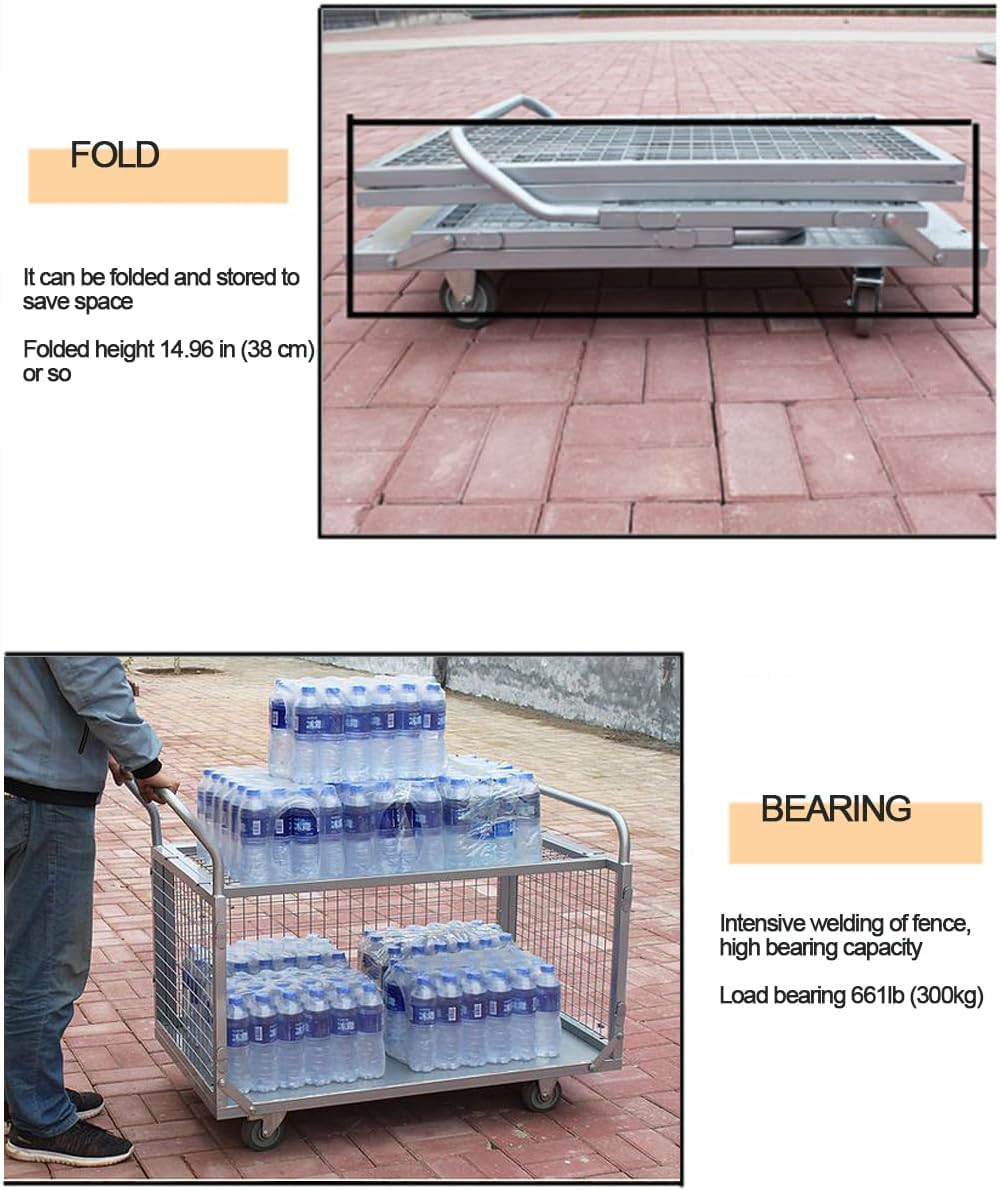 BaiYouMei Platform Truck Cart with Cage,4in1 Foldable Hand Truck Flat Cart 39"x24" Heavy Duty Push Cart Dolly, Load 1000lbs Large Flatbed Hand Truck Cart for Grocery, Laundry, Shelving, Storage