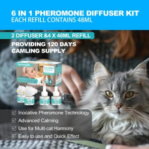 TachengMc Cat Calming Diffuser, Cat Pheromones Calming Diffuser with 2 Diffuser + 4 Refill 48ml, 6-in-1 Cat Anxiety Relief Cat Pheromone Diffuser Kit 120 Days, Pheromone Diffuser to Calm Cats