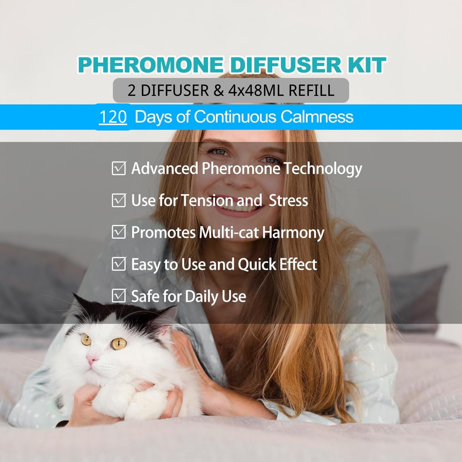 TachengMc Cat Calming Diffuser, Cat Pheromones Calming Diffuser with 2 Diffuser + 4 Refill 48ml, 6-in-1 Cat Anxiety Relief Cat Pheromone Diffuser Kit 120 Days, Pheromone Diffuser to Calm Cats