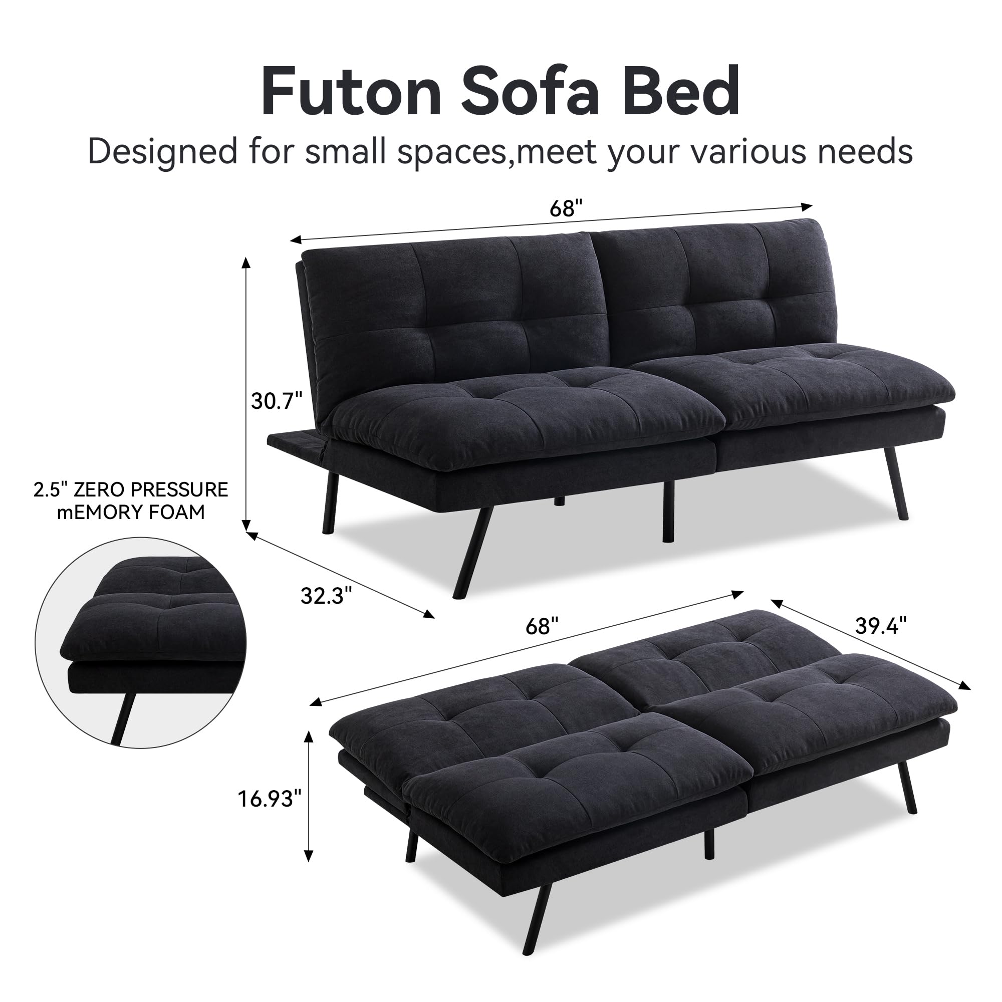 Hcore Sofa Couch Memory Foam Futon Bed Sofabed, Dark Black