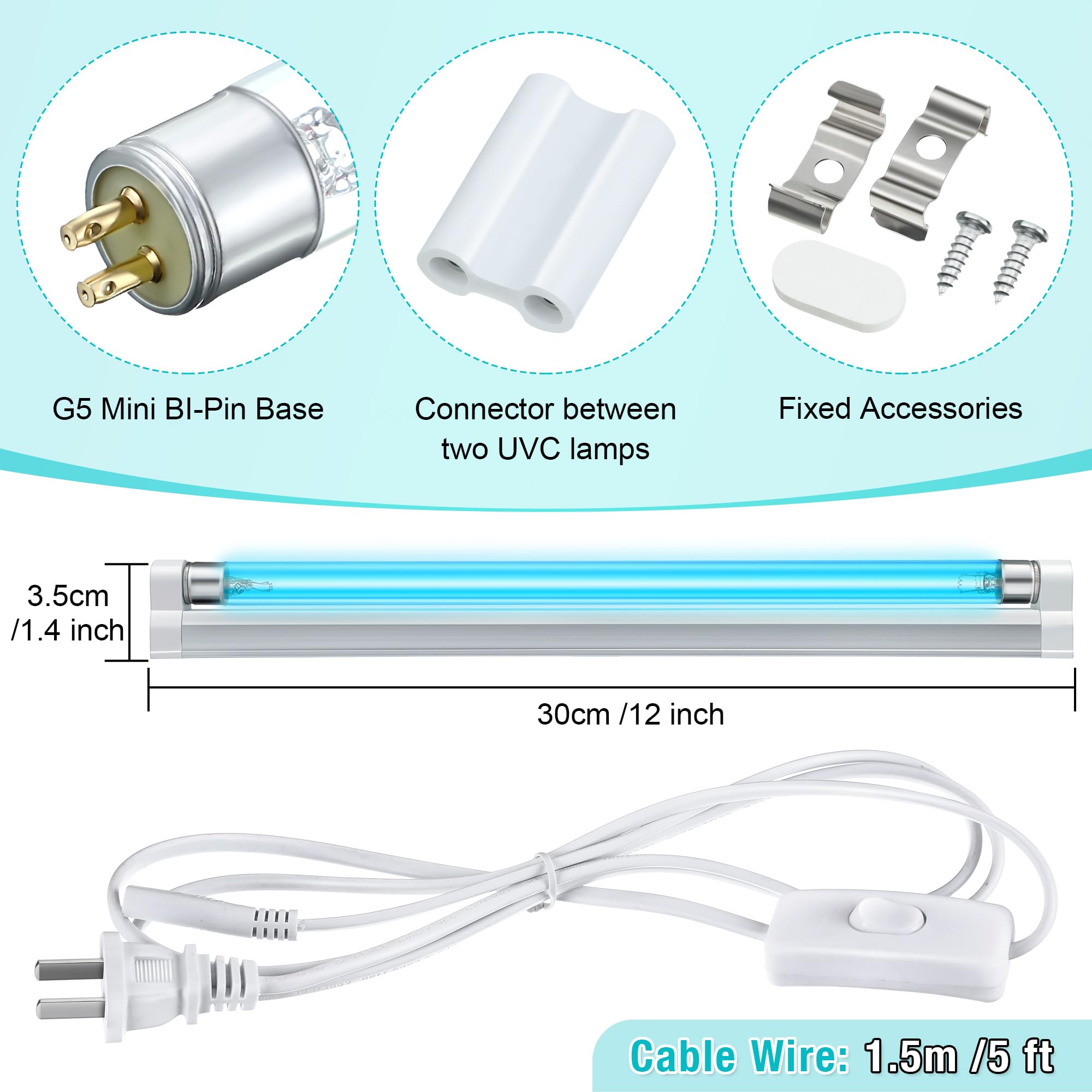 Qualirey 8W UV Lamp Ozone Free, 253.7nm Wavelength UVC Light Bulb 110V with ON/Off Switch Cord, Plug, Connector and Screw Tools for Closet/Cabinet/Bathroom