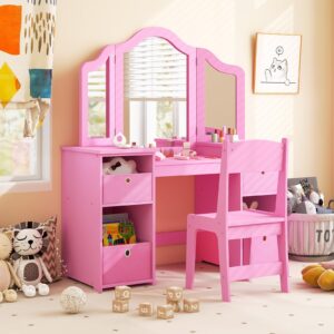 Costzon Kids Vanity, 2 in 1 Princess Makeup Desk & Chair Set with Tri-Folding Mirror, 4 Storage Bins, Wooden Toddler Vanity Dressing Table, Pretend Play Vanity Set for Little Girls (Pink)