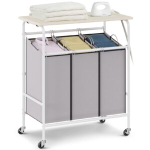 vevor 3-section laundry sorter cart with ironing board, laundry hamper with heavy duty lockable wheels and 3 removable bag, rolling laundry basket sorter for clothes storage