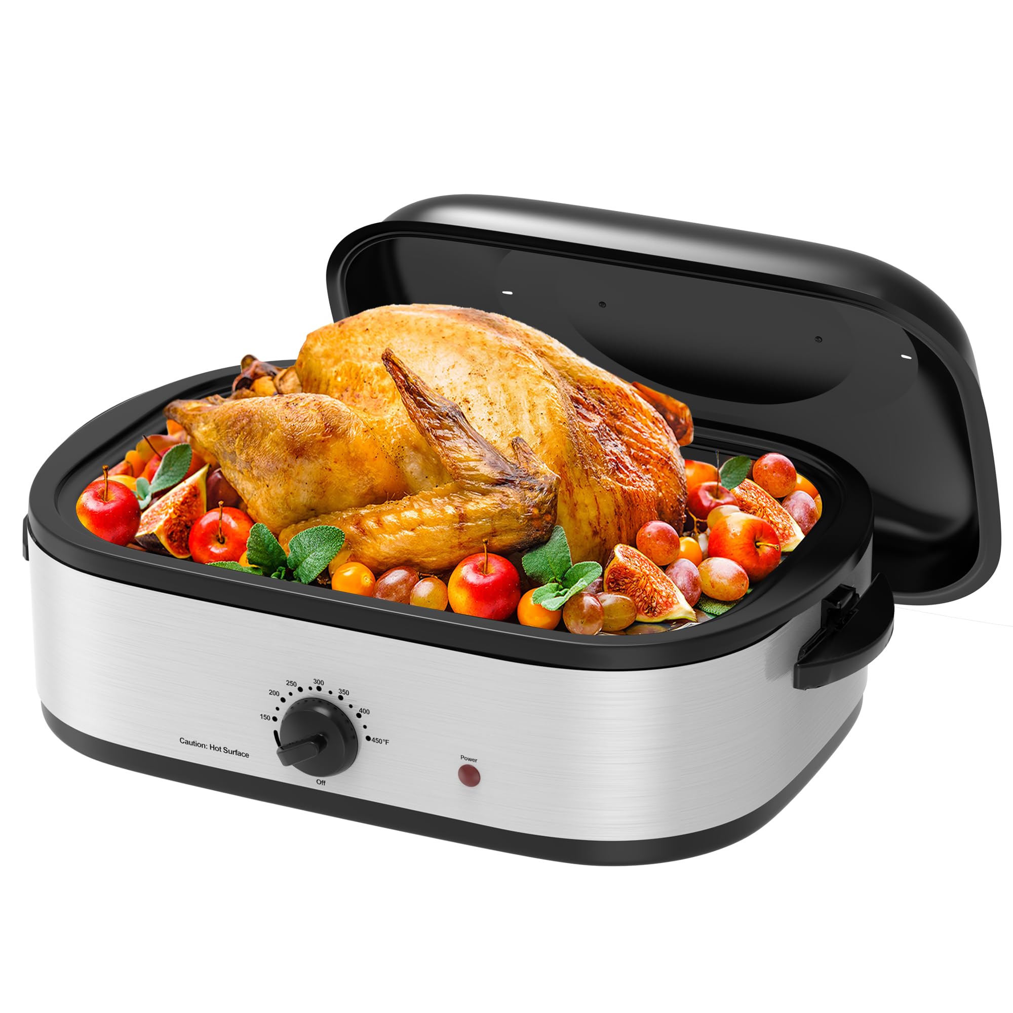 14 Quart Roaster Oven with Self-Basting Lid, Turkey Roasting Pan with Removable Roasting Rack, Turkey Defrost & Warm Function, Adjustable Temperature, Stainless Steel, Silver