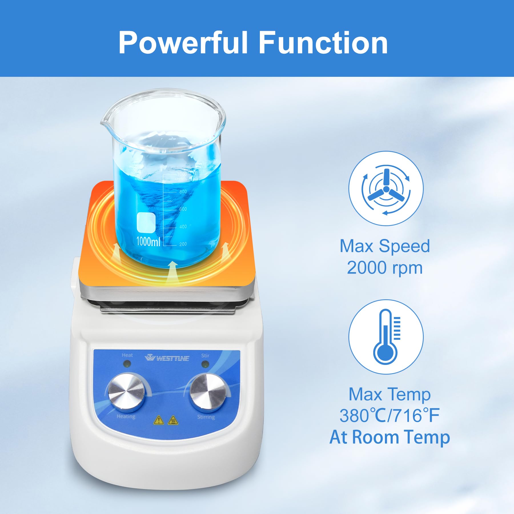 WEST TUNE Magnetic Stirrer Hot Plate Mixer Max 2000RPM Capacity 2000ML 4.7x4.7 inch Hotplate Stirrer Max 380℃/716℉