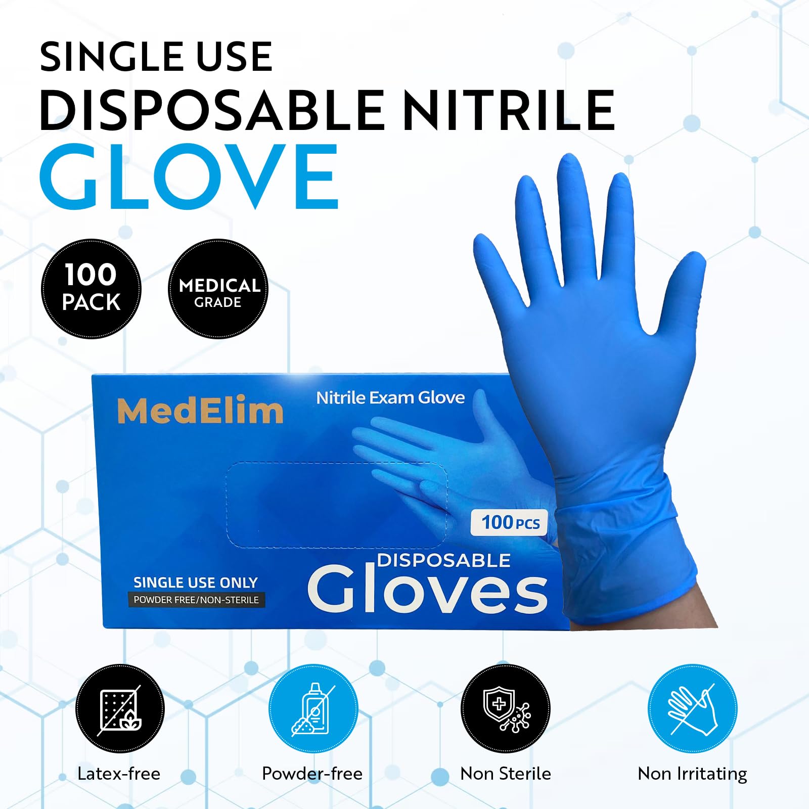 MEDELIM Medical Nitrile Gloves 5 Mil - Cleaning Supplies, Gloves Disposable Latex Free - Ideal for Medical Use, Durable and Safe, Powder-Free, Comfortable Fit for Sensitive Skin