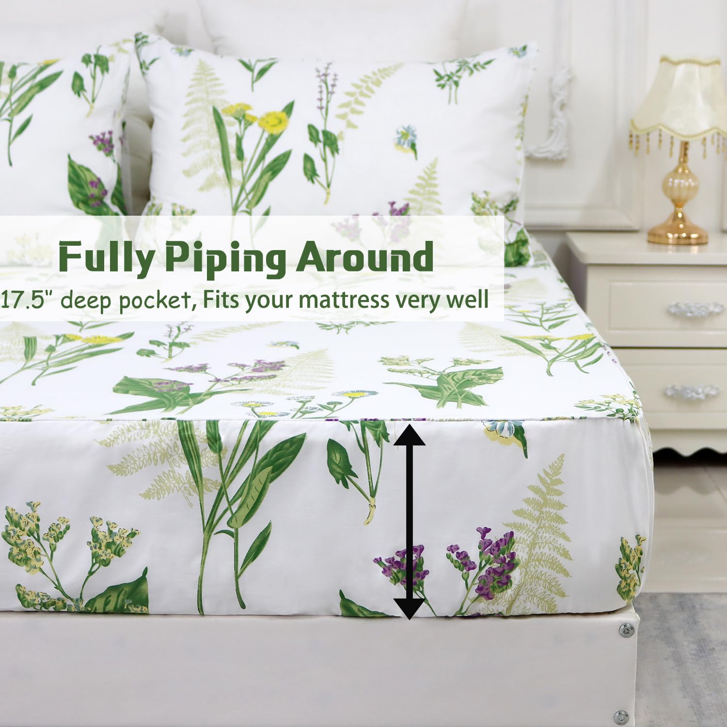 FADFAY California King Size Sheets Set Premium 100% Cotton Green Floral Bed Sheet Botanical Lavender Leaf Daisy White Deep Pocket Fitted Sheet Soft Shabby Sheets Pillowcases Set 4Pcs, Cal King