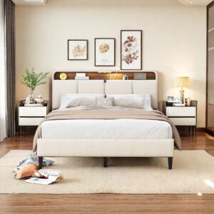 chicfurnit full size upholstered platform bed with storage headboard, sensor light and a set of sockets and usb ports, linen fabric, beige